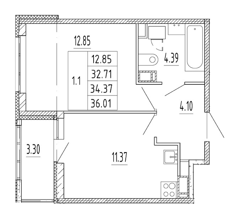 1-комнатная квартира 32.71 м², 12/12 эт., ЖК «Полис Приморский 2»